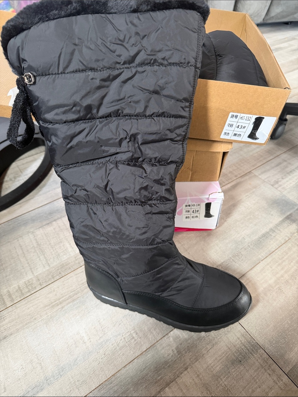 Women's Black Quilted Tall Winter Boots with Faux Fur Trim